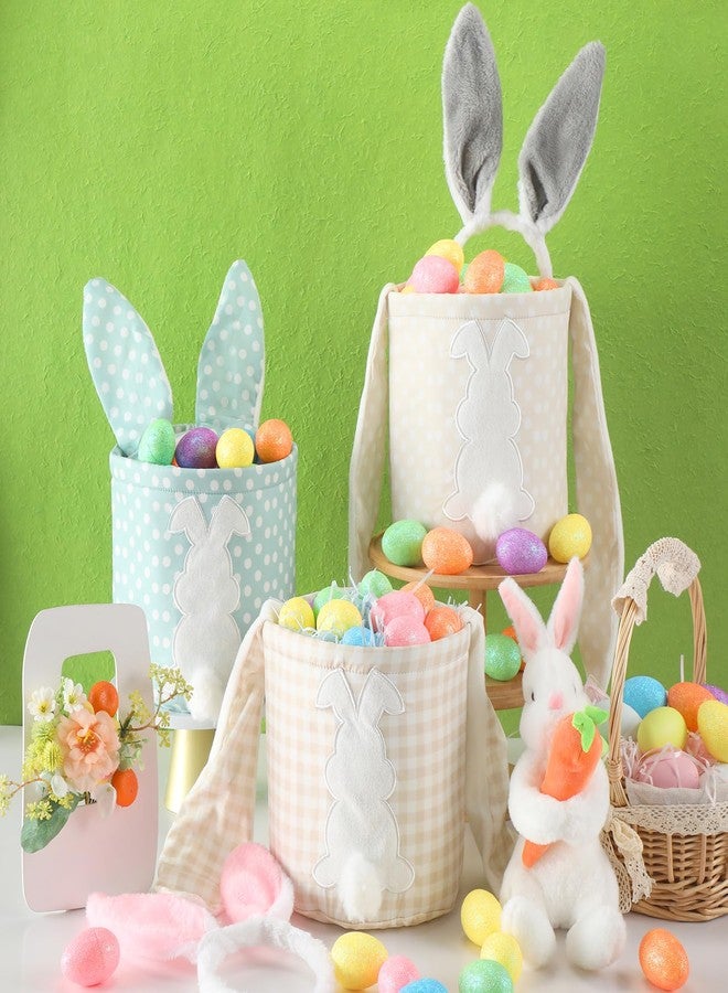 Cosblank 6 Pcs Bunny Canvas Bags Rabbit Print Basket with Foldable Ears Candy Goodie Bunny Tote Gift Bag for Birthday Party Decorations Supplies(Vivid Color,Plaid and Dot) - Image 4